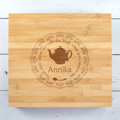 Teebox aus Bambus mit Name graviert | Personalisierte Tee Aufbewahrungsbox mit Schublade als Geschenk