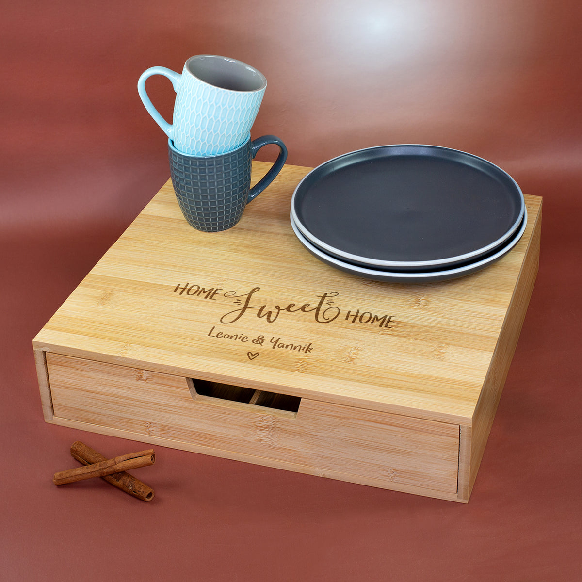 Bambus Organizer mit Wunschtext graviert für Küche, Tee, Kaffee, Büro –