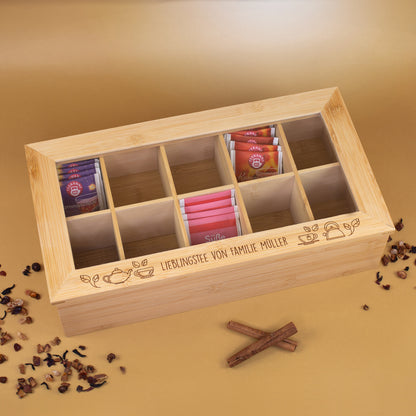 Teebox aus Bambus mit 10 Fächern & Wunschtext graviert | Personalisiertes Geschenk für Teeliebhaber