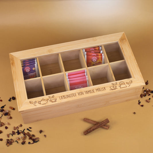 Teebox aus Bambus mit 10 Fächern & Wunschtext graviert | Personalisiertes Geschenk für Teeliebhaber