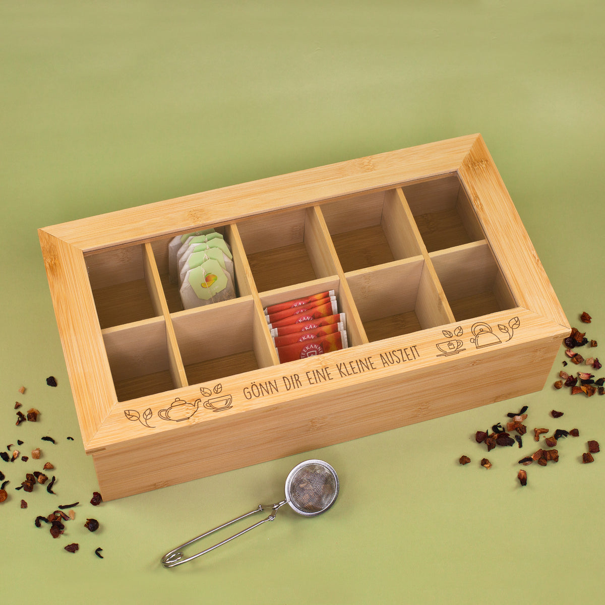 Teebox aus Bambus mit 10 Fächern & Wunschtext graviert | Personalisiertes Geschenk für Teeliebhaber