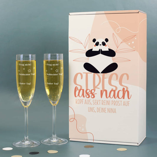 Stress lass nach Geschenkset mit Sektgläsern