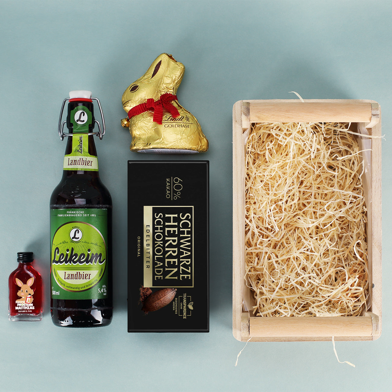 Männer Geschenkset zu Ostern, mit Herrenschokolade, Bier, Schnaps und Lindt Goldhase
