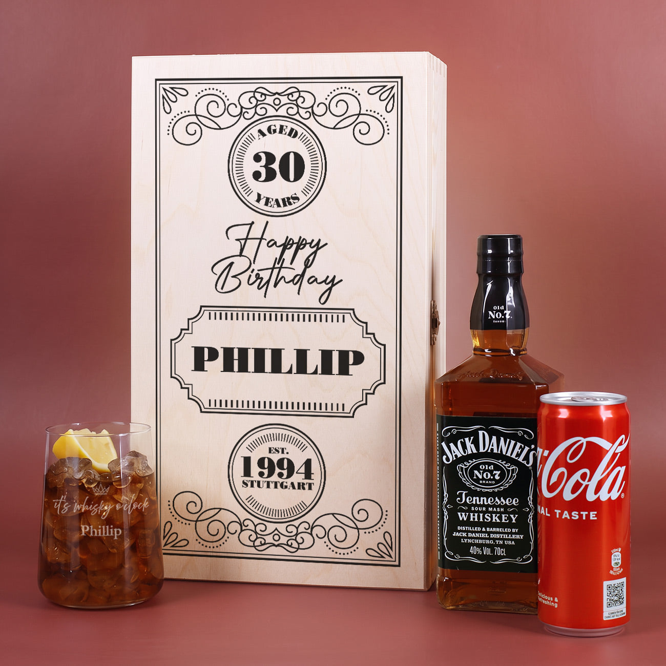 Jack Daniel's Geschenkset mit Holzkiste, Trinkglas, Flasche Whiskey & Dose Cola