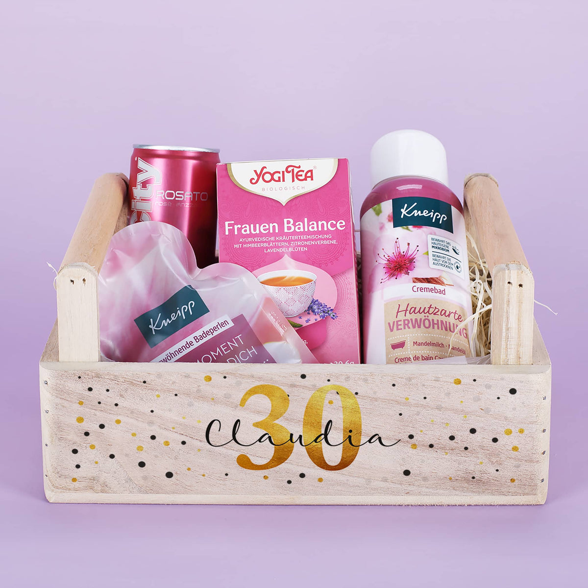 Gefüllter Geschenkkorb für Frauen zum Geburtstag – Mit Badezusätzen, Secco & Tee –