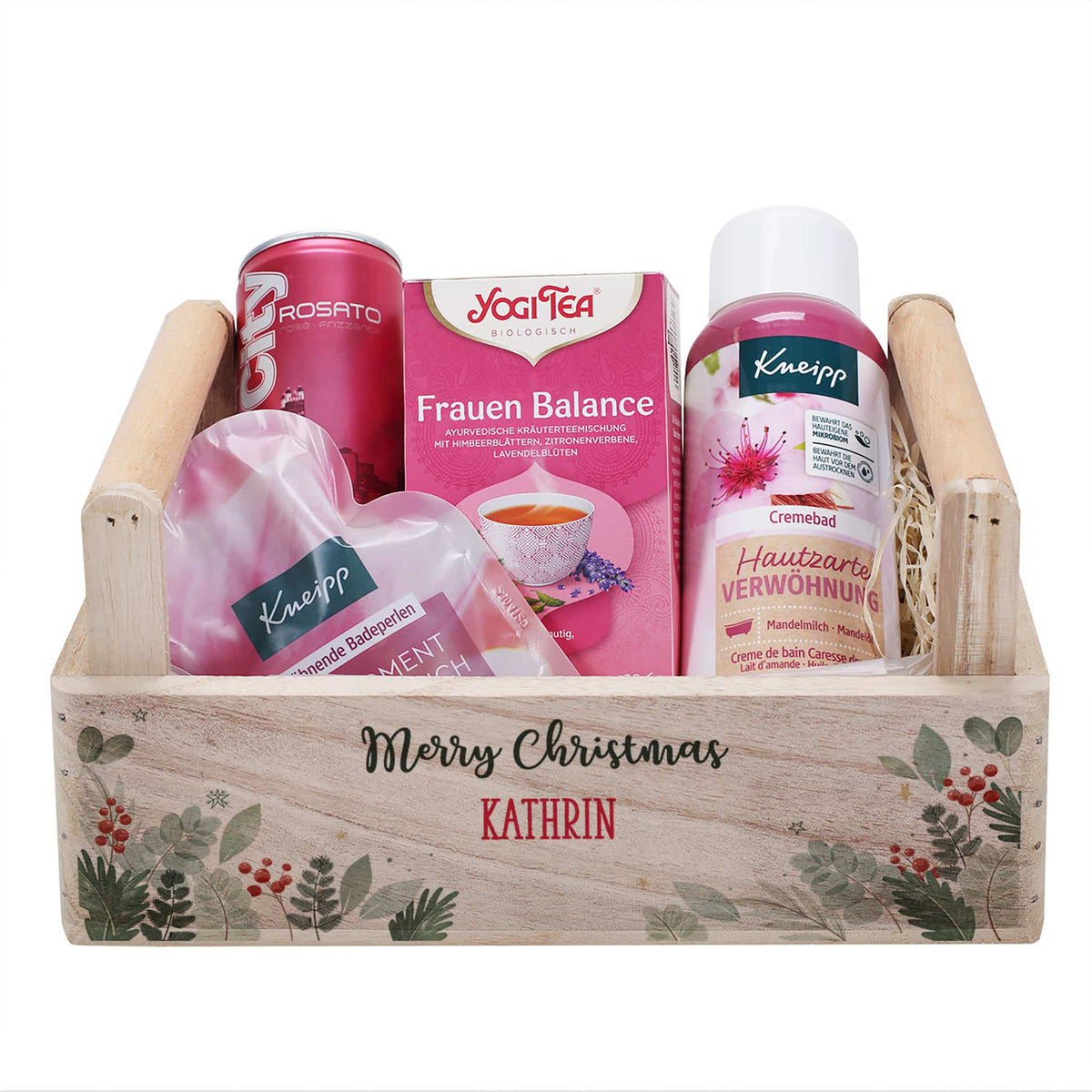 Gefüllter Geschenkkorb zu Weihnachten – Mit Badezusätzen, Secco & Tee –