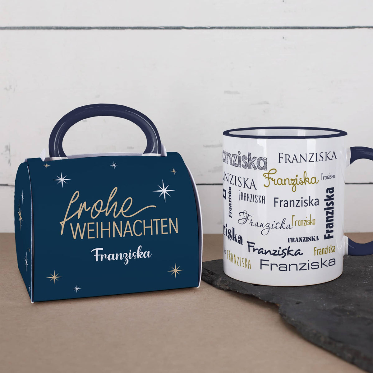 Personalisierte Namenstasse mit Weihnachtsverpackung – Tasse mit Wunschname & DIY Geldgeschenk –