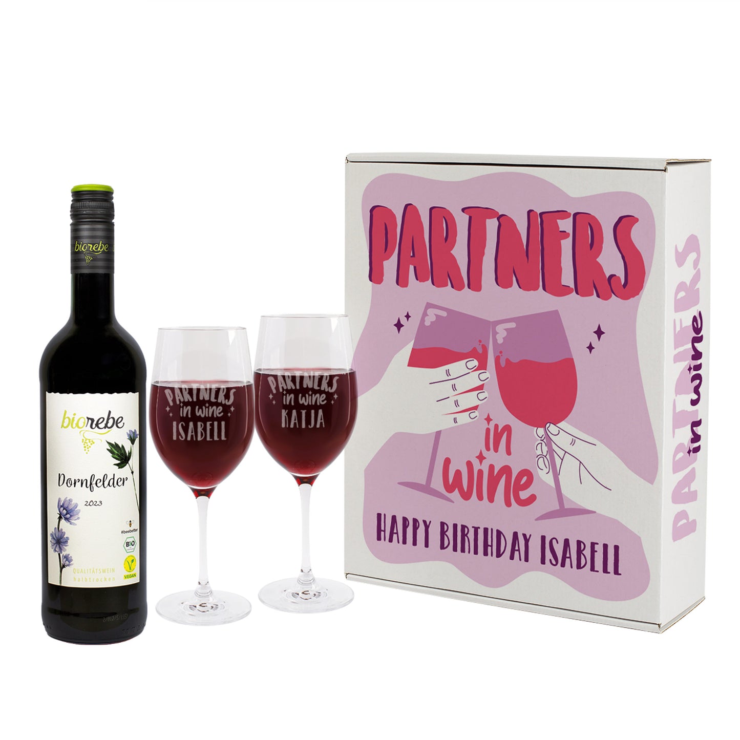 Komplettes Geschenkset mit Biorebe Dornfelder, zwei gravierten Weingläsern „Partners in Wine“ und Geschenkbox mit Motiv zweier anstoßender Weingläser