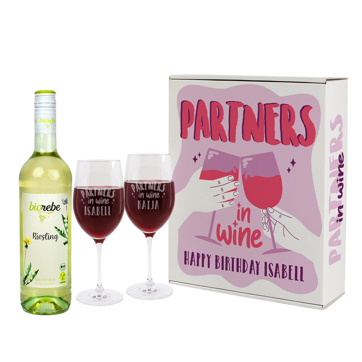 Partners in Wine - Wein Geschenk Set mit zwei Weingläsern und veganem Biorebe Wein