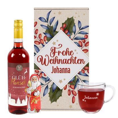 Personalisiertes Weihnachtsgeschenkset für Johanna mit alkoholfreiem Glühpunsch, Schoko-Weihnachtsmann, Teeglas mit Name und Geschenkbox mit Weihnachtsmotiv