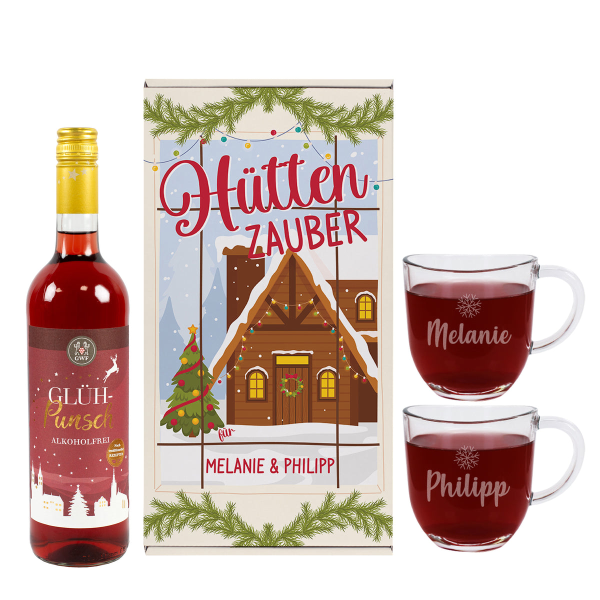 Personalisiertes Weihnachtsgeschenkset Hüttenzauber für Melanie und Philipp mit alkoholfreiem Glühpunsch, Geschenkbox und zwei Gläsern mit Namen