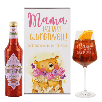 Geschenkset 'Mamabär' zum Muttertag mit Glas & Aperitif nach Wahl - personalisiert