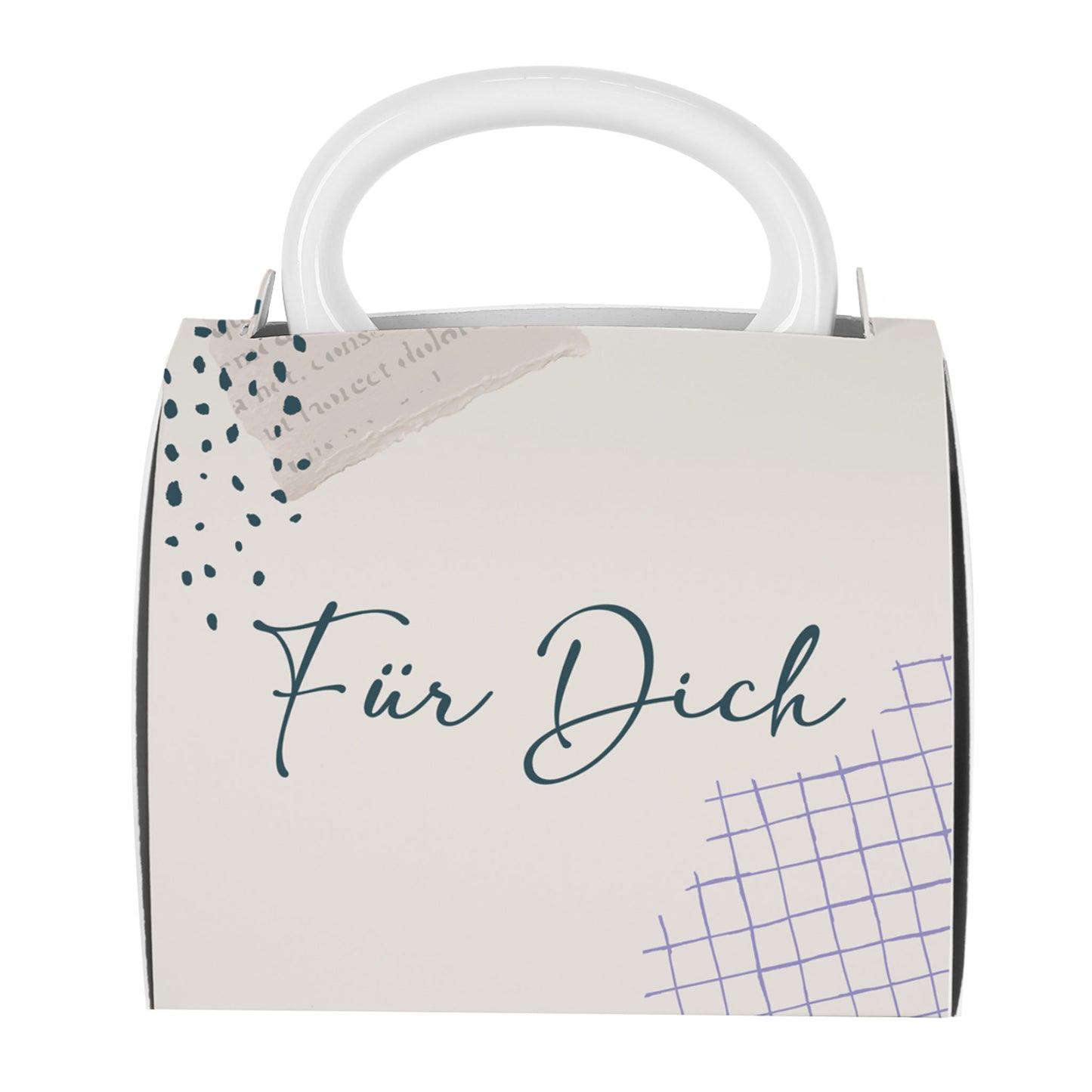 Frontalansicht der aufgebauten Geschenkverpackung in Form einer Handtasche mit weißem Henkel und der Aufschrift „Für Dich“. Dezente florale und grafische Muster verzieren den cremefarbenen Karton.