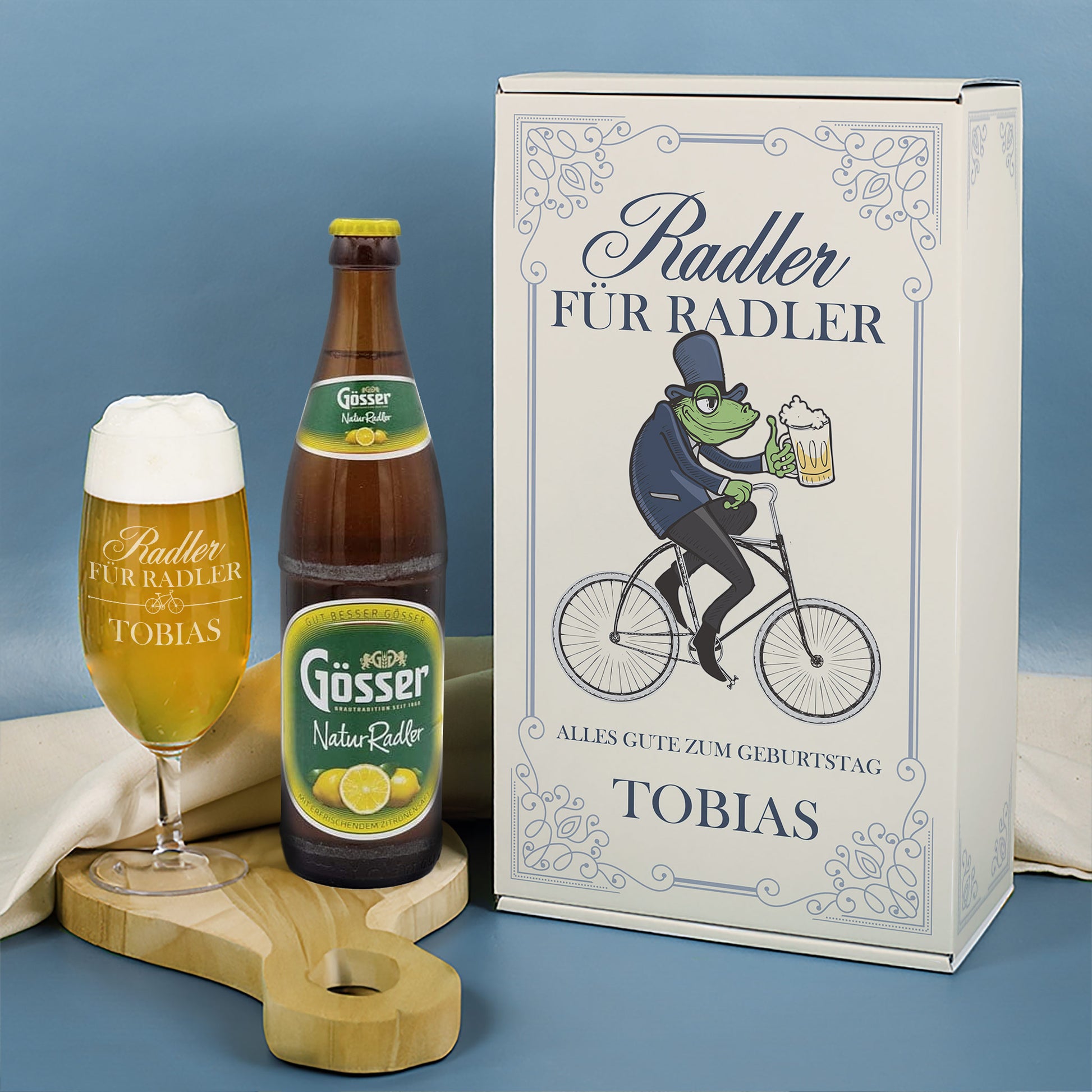 Geschenkset „Radler für Radler“ mit personalisierter Box, graviertem Bierglas und Gösser NaturRadler