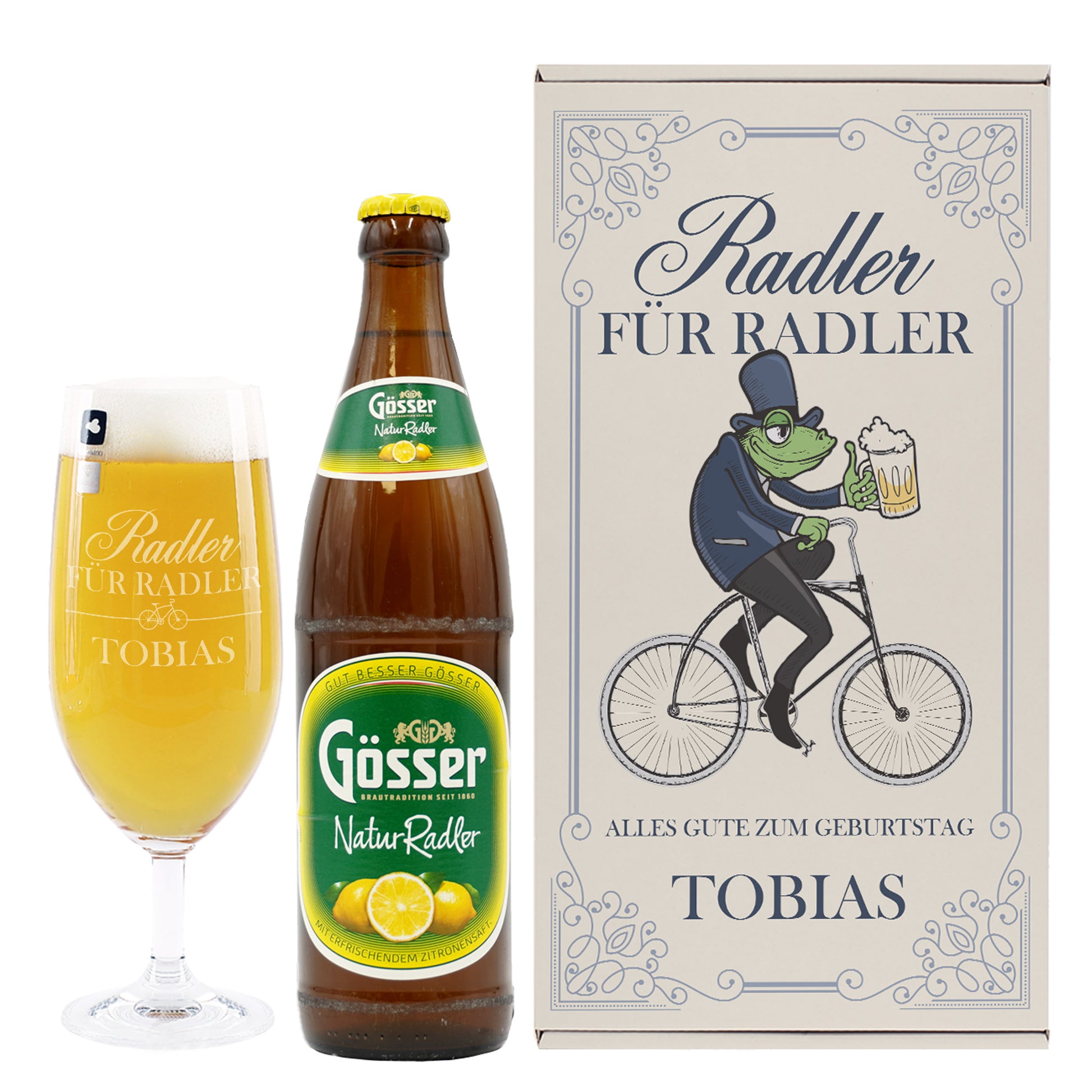 Komplettes Geschenkset „Radler für Radler“ – Geschenkbox, Glas und Gösser NaturRadler zusammen