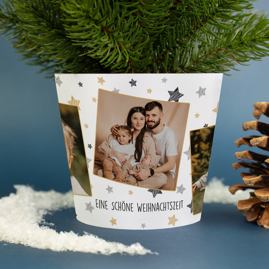 Nahaufnahme der Foto-Banderole mit Familienbild und weihnachtlichem Design