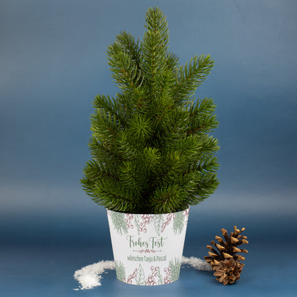 Kleiner Weihnachtsbaum mit personalisierter Banderole und Wunschtext | Weihnachtsdeko 'Frohes Fest'