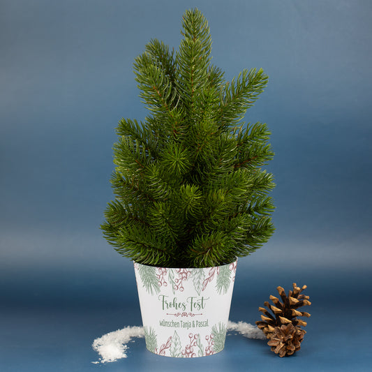 Kleiner Weihnachtsbaum mit personalisierter Banderole und Wunschtext | Weihnachtsdeko 'Frohes Fest'