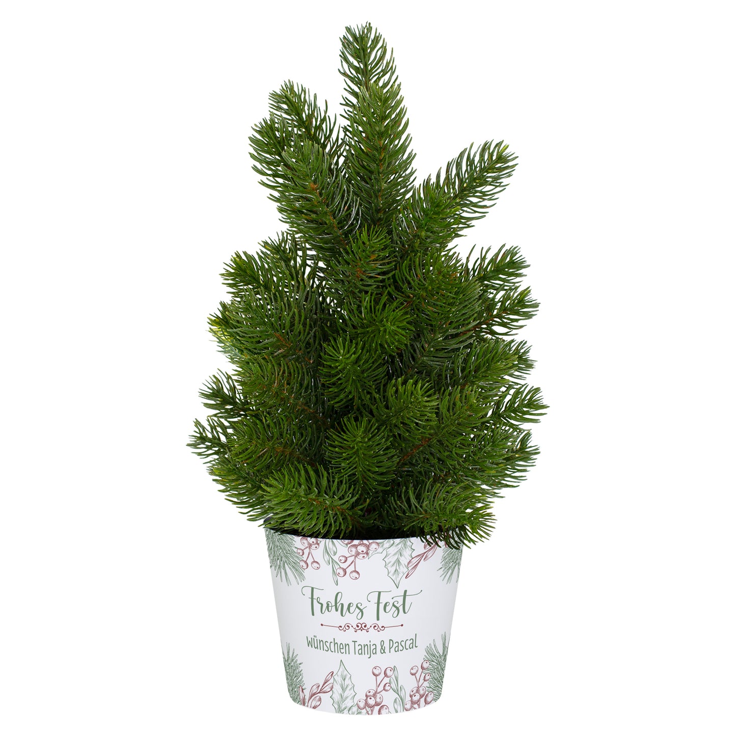Kleiner Weihnachtsbaum mit personalisierter Banderole und Wunschtext | Weihnachtsdeko 'Frohes Fest'