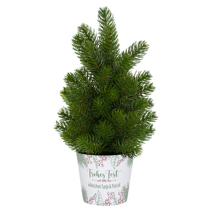 Kleiner Weihnachtsbaum mit personalisierter Banderole und Wunschtext | Weihnachtsdeko 'Frohes Fest'