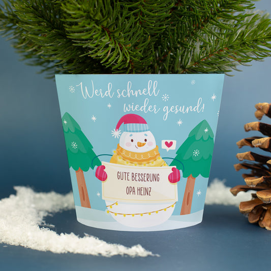 Detailaufnahme des Schneemann-Motivs mit personalisierbarer Botschaft „Gute Besserung“