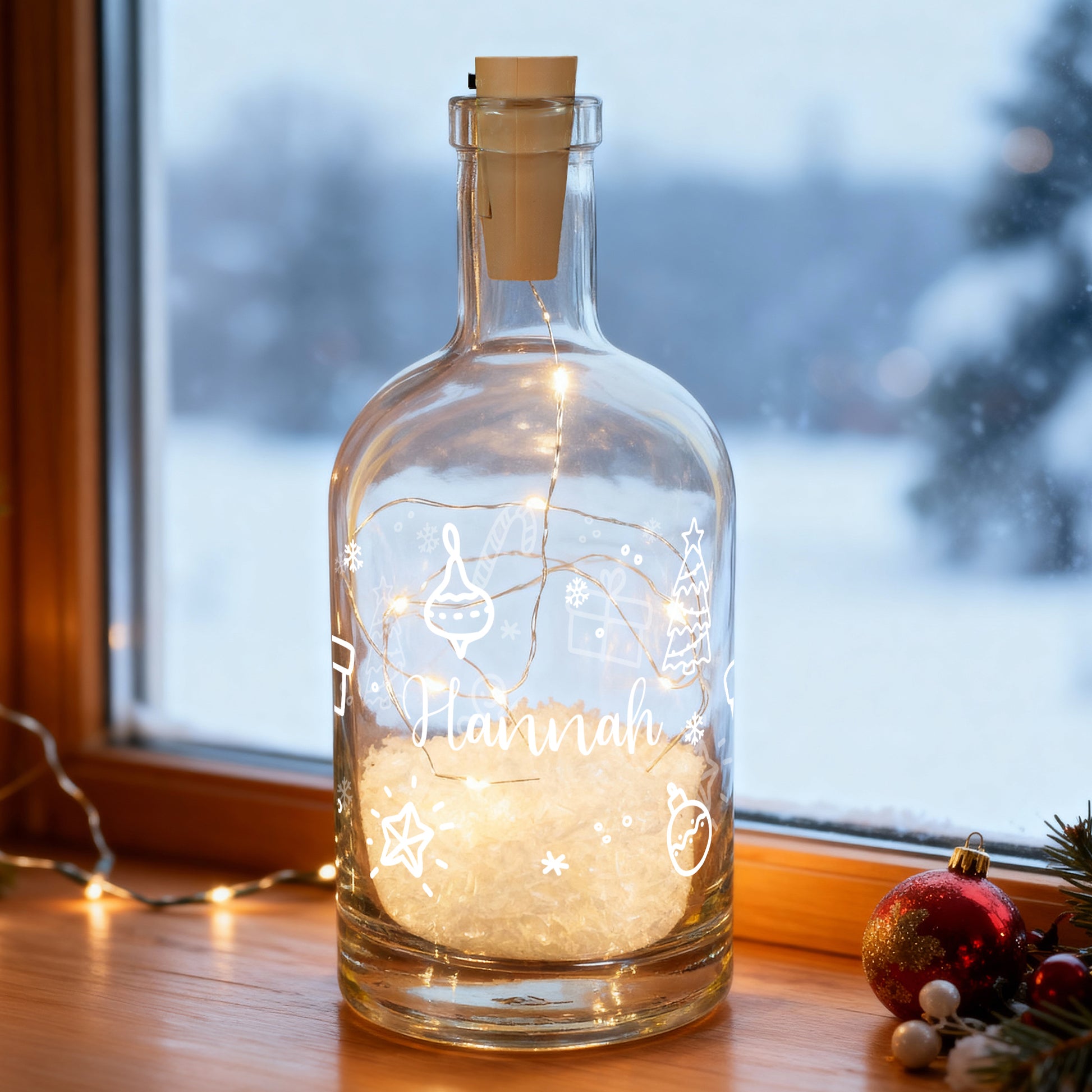 Leuchtende Weihnachtskaraffe auf Fensterbank mit LED-Lichterkette, Ornamentillustrationen und Wunschname „Hannah“, verschneite Winterlandschaft im Hintergrund.