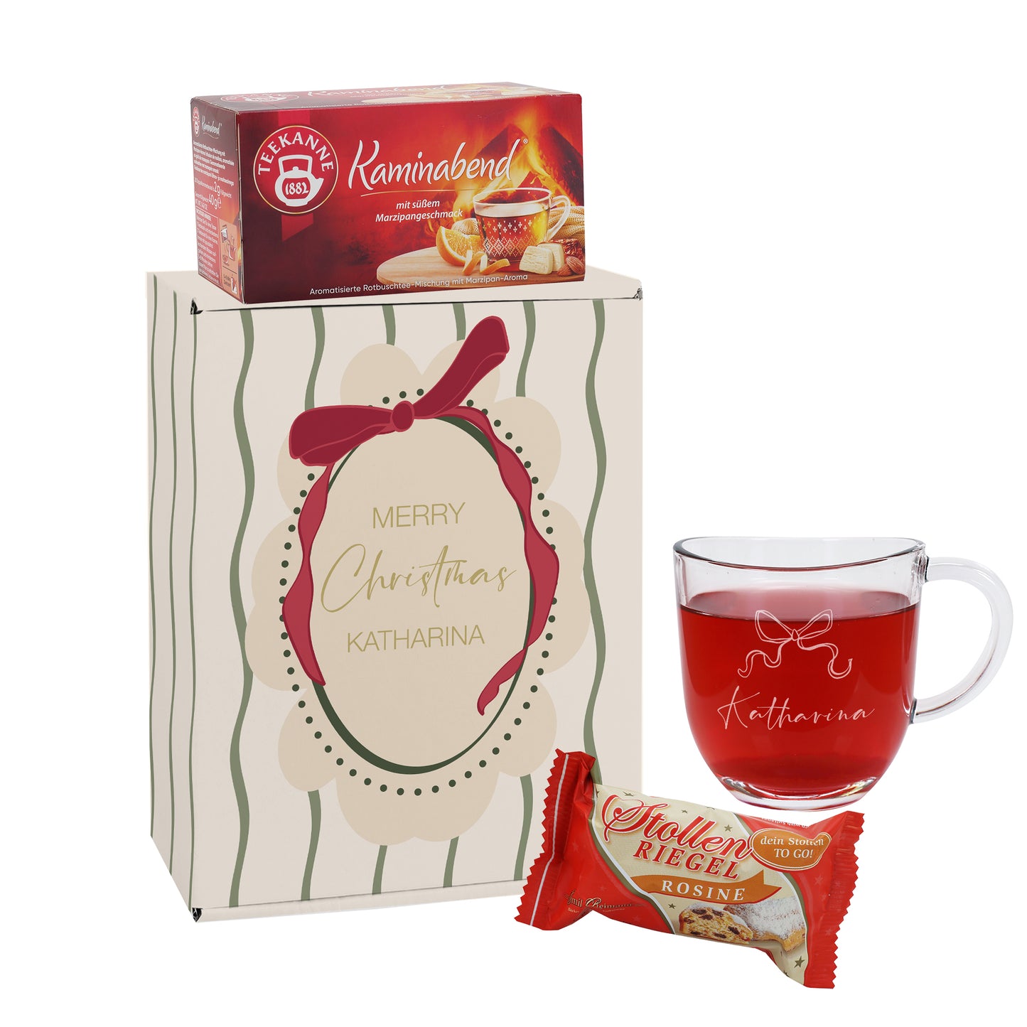 Komplettes Geschenkset freigestellt: personalisierte Geschenkbox, Wintertee, Glastasse und Stollenriegel