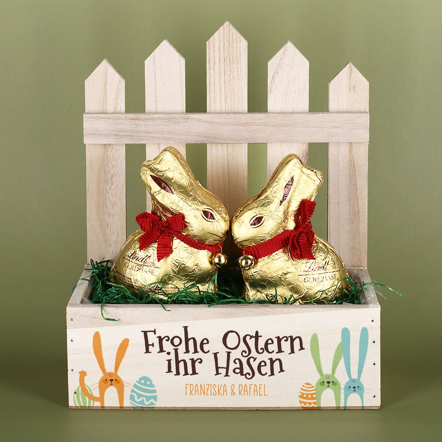 Personalisiertes Osterkörbchen mit 2 Lindt Goldhasen | Osterkorb 'Frohe Ostern ihr Hasen' mit Wunschtext