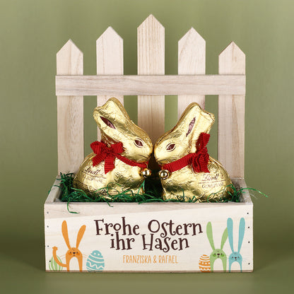 Personalisiertes Osterkörbchen mit 2 Lindt Goldhasen | Osterkorb 'Frohe Ostern ihr Hasen' mit Wunschtext