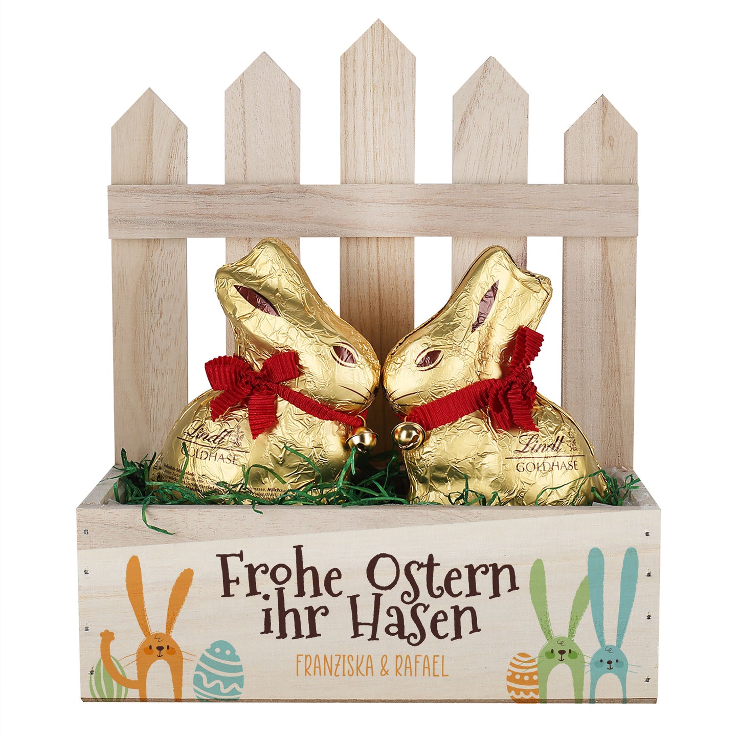 Personalisiertes Osterkörbchen mit 2 Lindt Goldhasen | Osterkorb 'Frohe Ostern ihr Hasen' mit Wunschtext