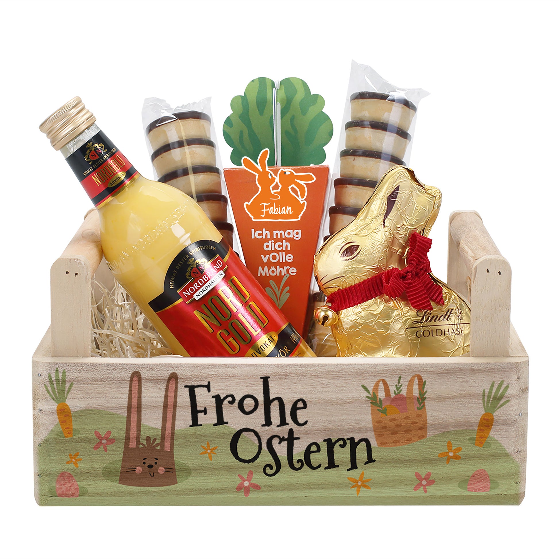 Dekoratives Oster Geschenkset im Holzkorb mit Süßigkeiten und Eierlikör