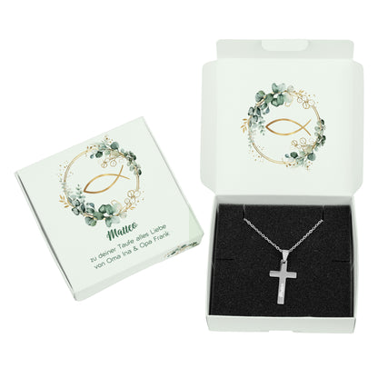 Personalisierte Kreuzkette mit Name in Geschenkbox zur Taufe