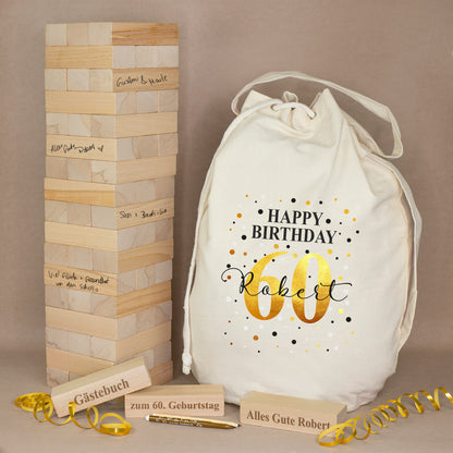 XXL Jenga Wackelturm zum 60. Geburtstag mit personalisiertem Geschenkesack Happy Birthday Robert und gravierten Holzsteinen