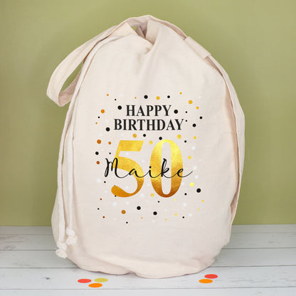 Personalisierter Geschenkesack in Seesack-Form mit Happy Birthday Motiv, goldener 50 und Name Maike für XXL Jenga Geburtstagsspiel