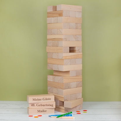XXL Jenga Wackelturm aus Holz mit gravierten Steinen Meine Gäste, 40. Geburtstag und Maike als kreatives Geburtstagsgästebuch