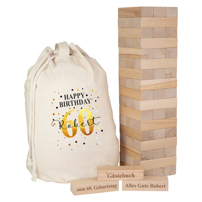 XXL Jenga Geburtstagsgästebuch mit personalisiertem Geschenkesack Happy Birthday Robert 60 und drei gravierten Holzsteinen freigestellt
