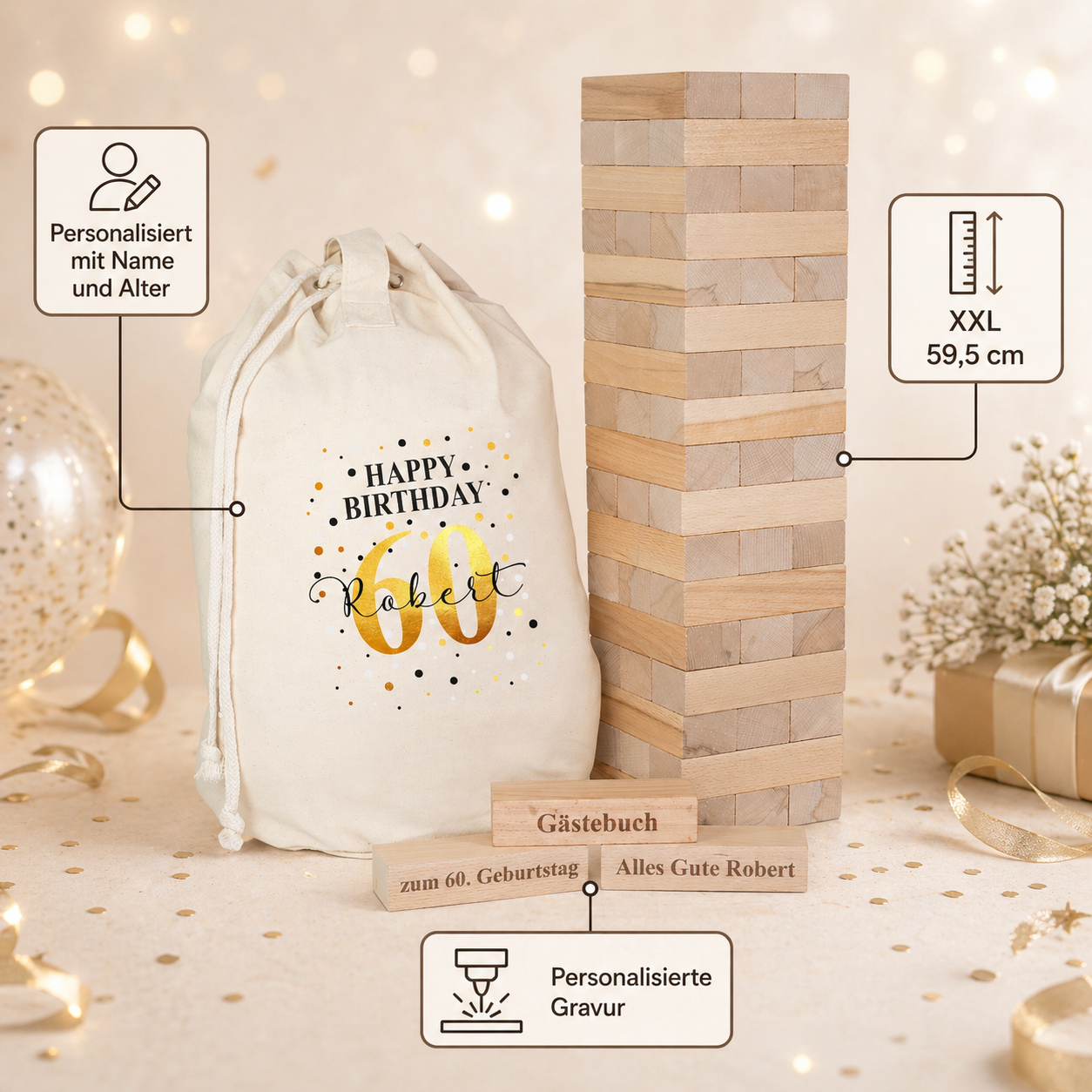 Personalisierter XXL Jenga Wackelturm als Geburtstags-Gästebuch mit naturfarbenem Seesack, bedruckt mit „Happy Birthday“, goldener 60 und Name Robert, daneben hoher Holzturm sowie drei gravierte Holzsteine mit den Aufschriften „Gästebuch“, „zum 60. Geburtstag“ und „Alles Gute Robert“, ergänzt durch Produktinfos zu Personalisierung, Gravur und Höhe 59,5 cm.