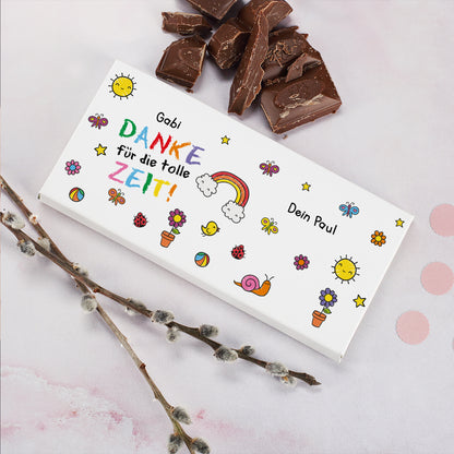 Personalisierte Schokoladentafel mit Danke für die tolle Zeit Motiv und Wunschtext als Abschiedsgeschenk