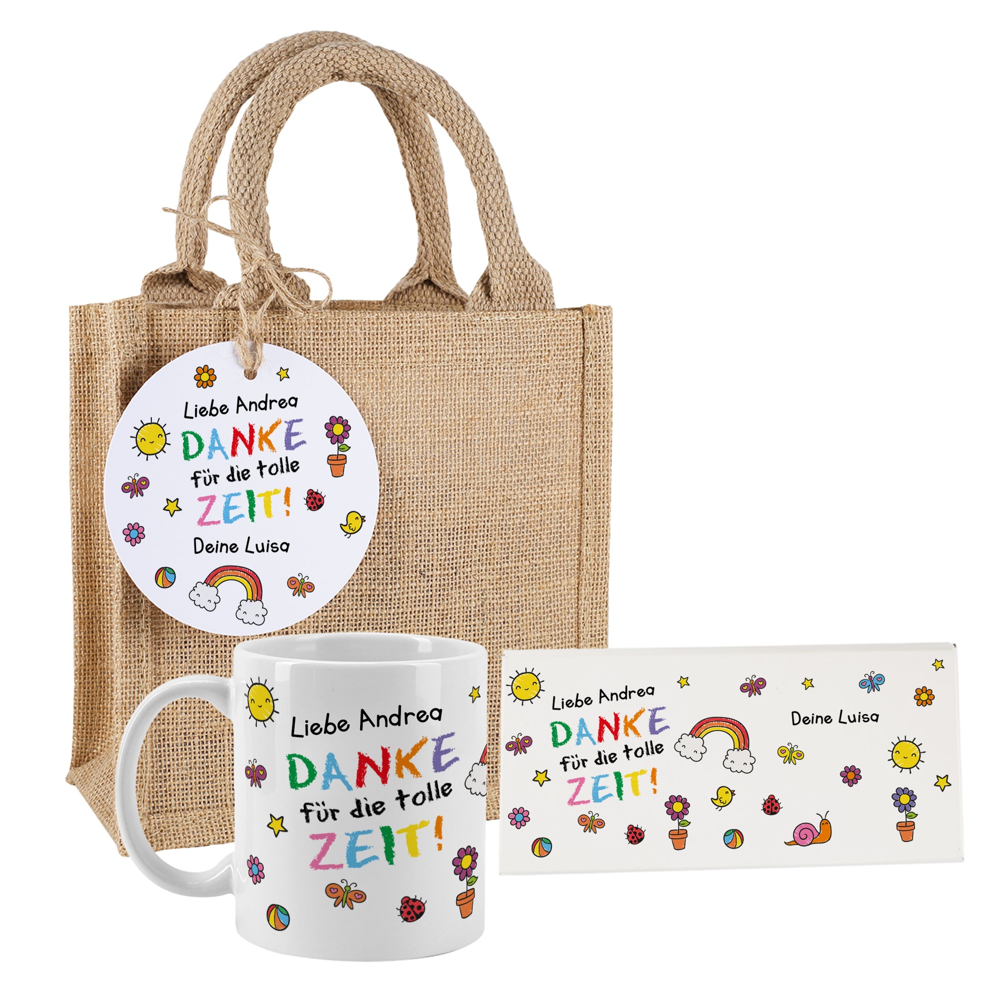 Komplettes Geschenkset mit Jutetasche, Tasse und Schokoladentafel als personalisiertes Dankeschön Geschenk