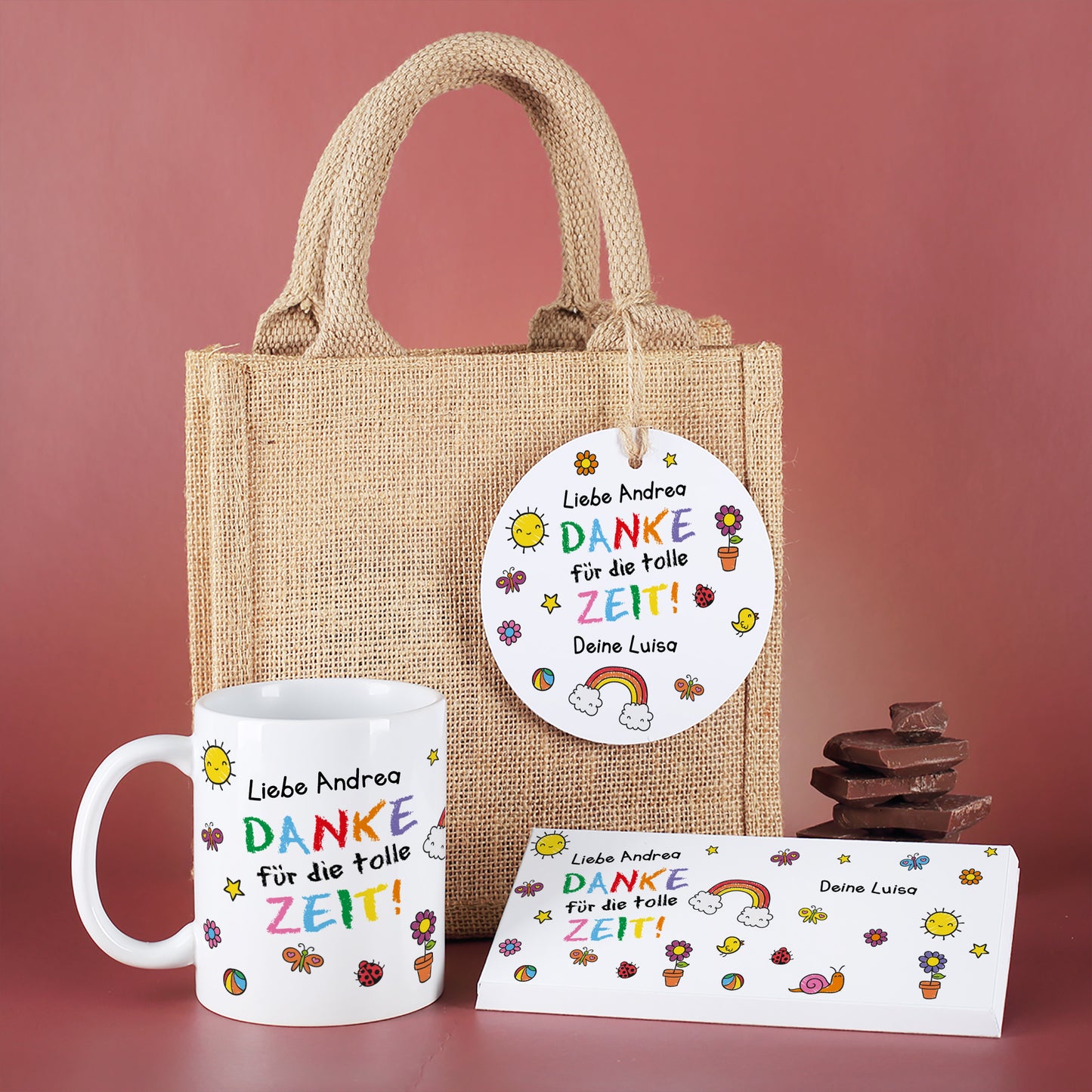 Dankeschön Geschenkset mit Tasse, Schokolade und Jutetasche als Abschiedsgeschenk für Kita und Schule