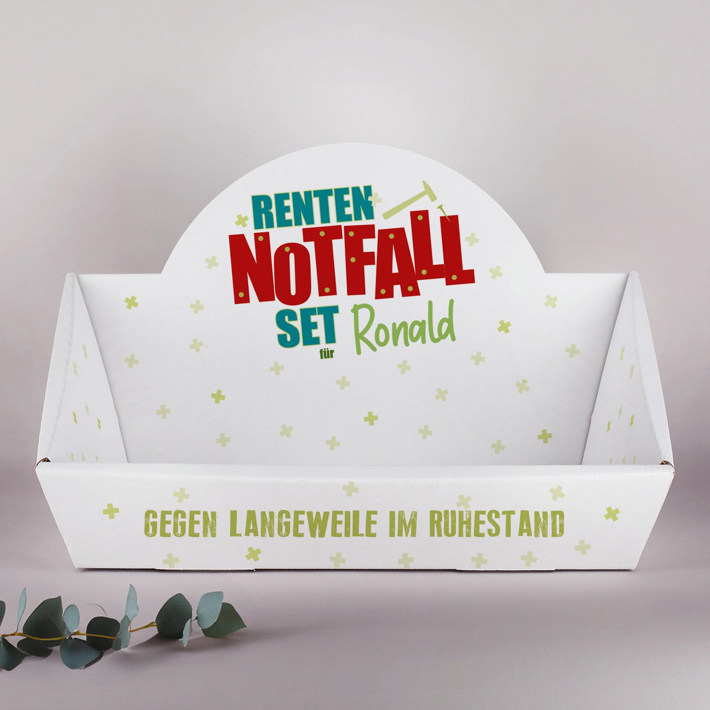 Personalisierter Geschenkkorb Renten Notfall Set mit Name und Aufdruck gegen Langeweile im Ruhestand
