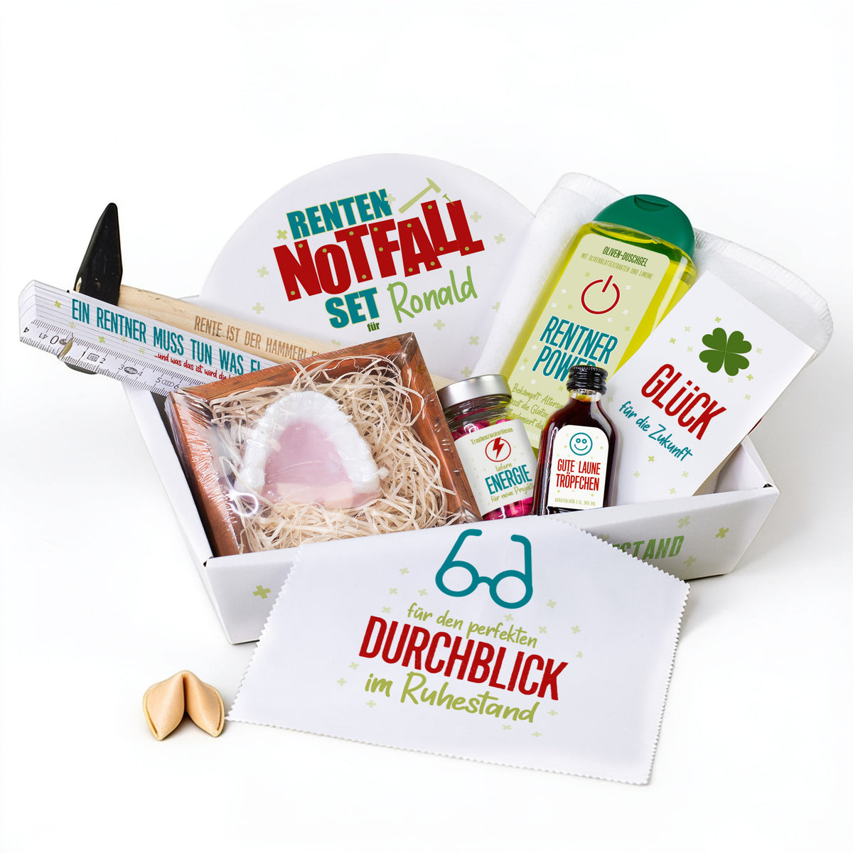 Renten Notfallbox Geschenkset mit Name, Duschgel, Handtuch, Hammer, Zollstock, Glückskeks, Schnaps und Traubenzuckerpillen
