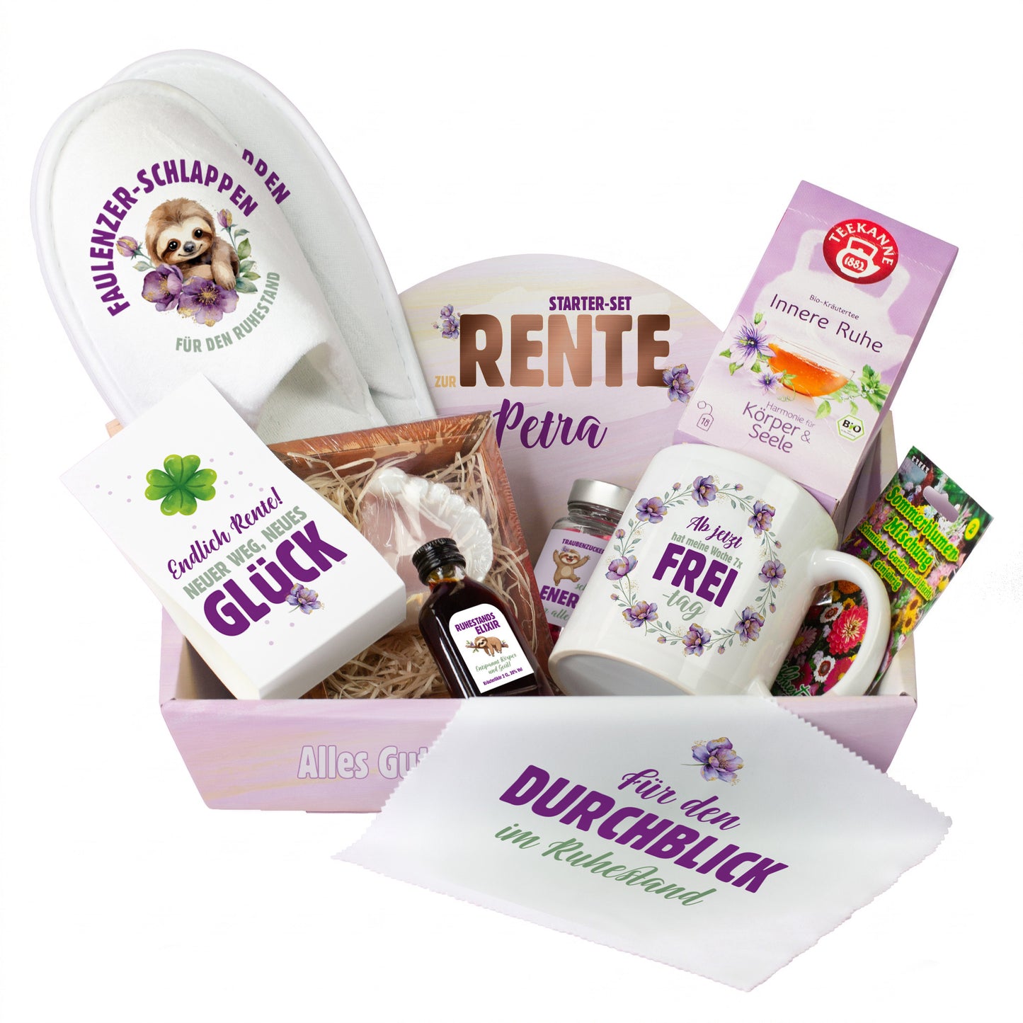 Personalisiertes Starter Set zur Rente im Geschenkkorb mit Name Petra, Tasse, Faulenzer-Schlappen, Tee, Glückskeks, Elixir, Saatgut und Brillenputztuch