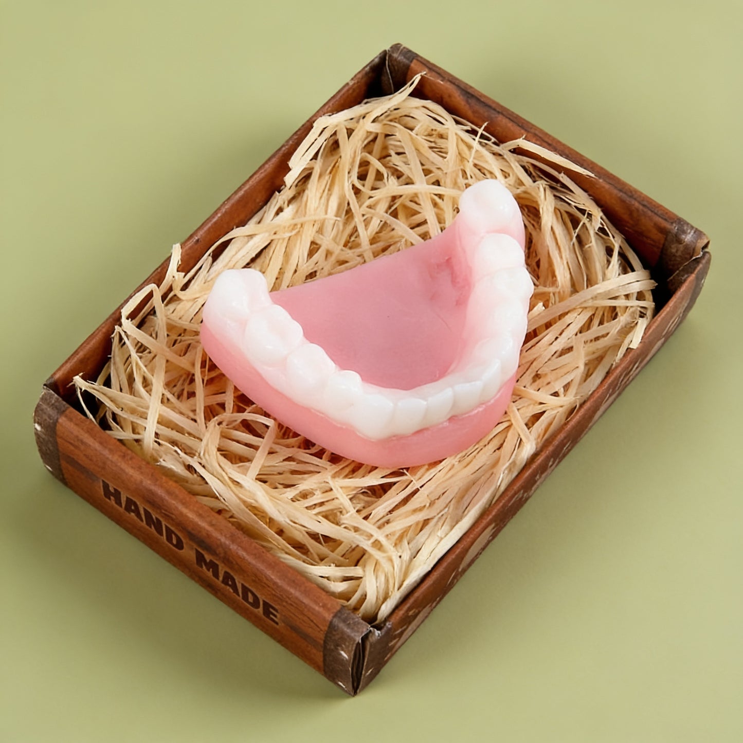 Rosa-weiße Gebissseife in kleiner Holzschale mit Füllmaterial als lustiger Inhalt im Ruhestand Geschenkset