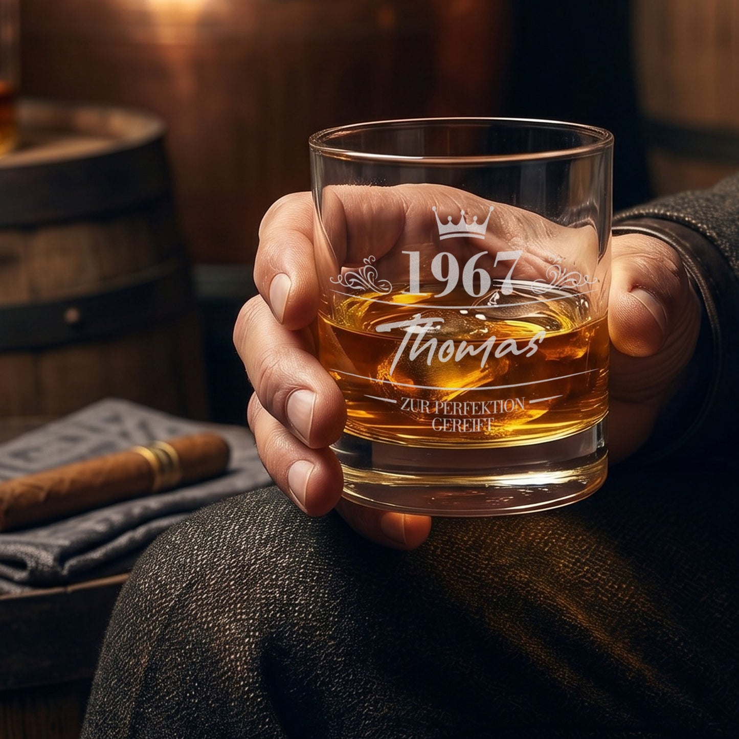 Whiskyglas mit Gravur 1967, Name Thomas und „Zur Perfektion gereift“ Motiv in der Hand gehalten