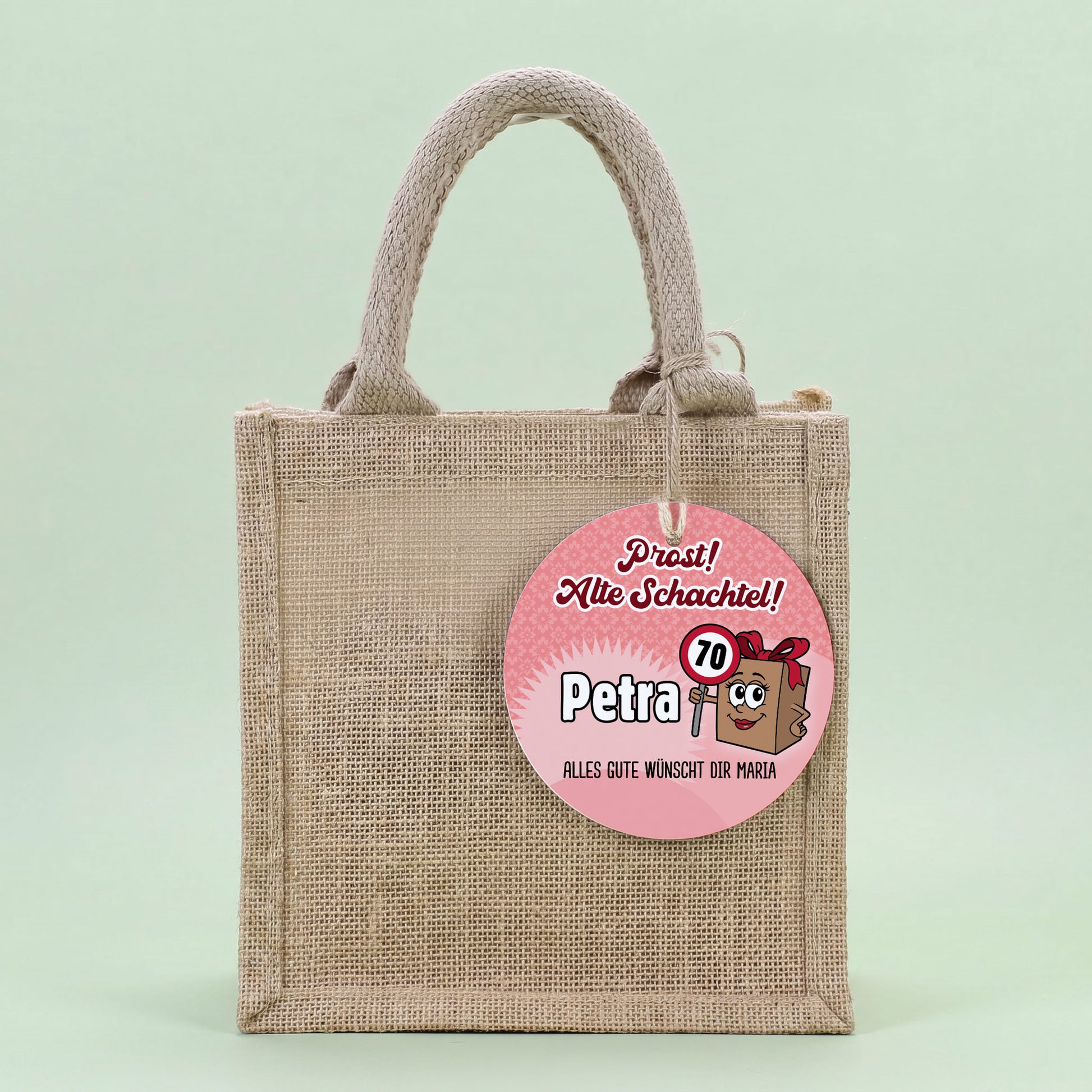 Jutetasche mit rundem Alte Schachtel Geschenkanhänger, Name Petra, Alter 70 und Wunschtext