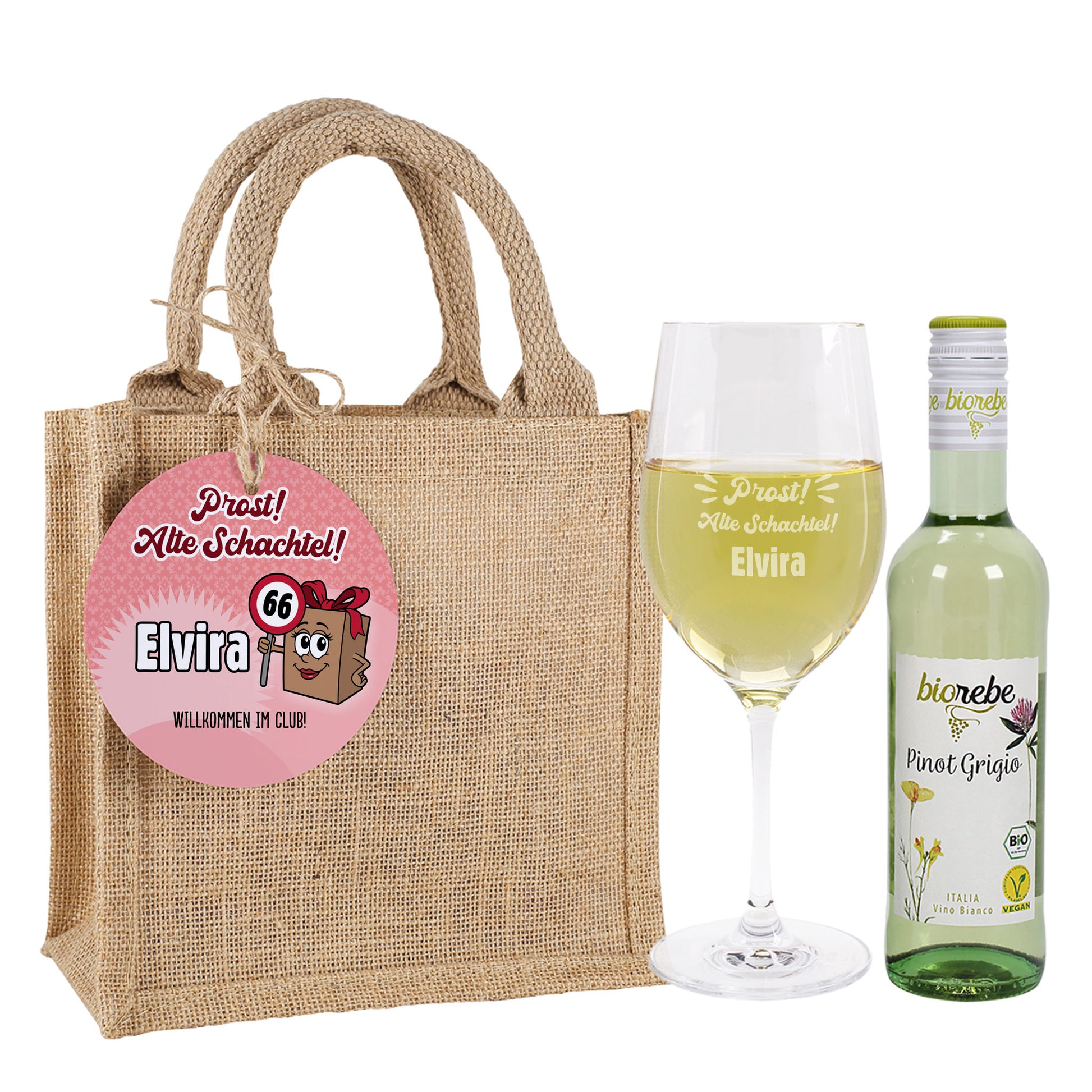 Weißwein Geschenkset Alte Schachtel mit Biorebe Pinot Grigio, Leonardo Glas und Jutetasche