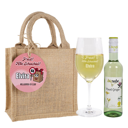 Weißwein Geschenkset Alte Schachtel mit Biorebe Pinot Grigio, Leonardo Glas und Jutetasche