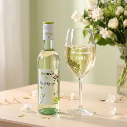 Biorebe Pinot Grigio mit graviertem Leonardo Weißweinglas Prost Alte Schachtel und Name Elvira