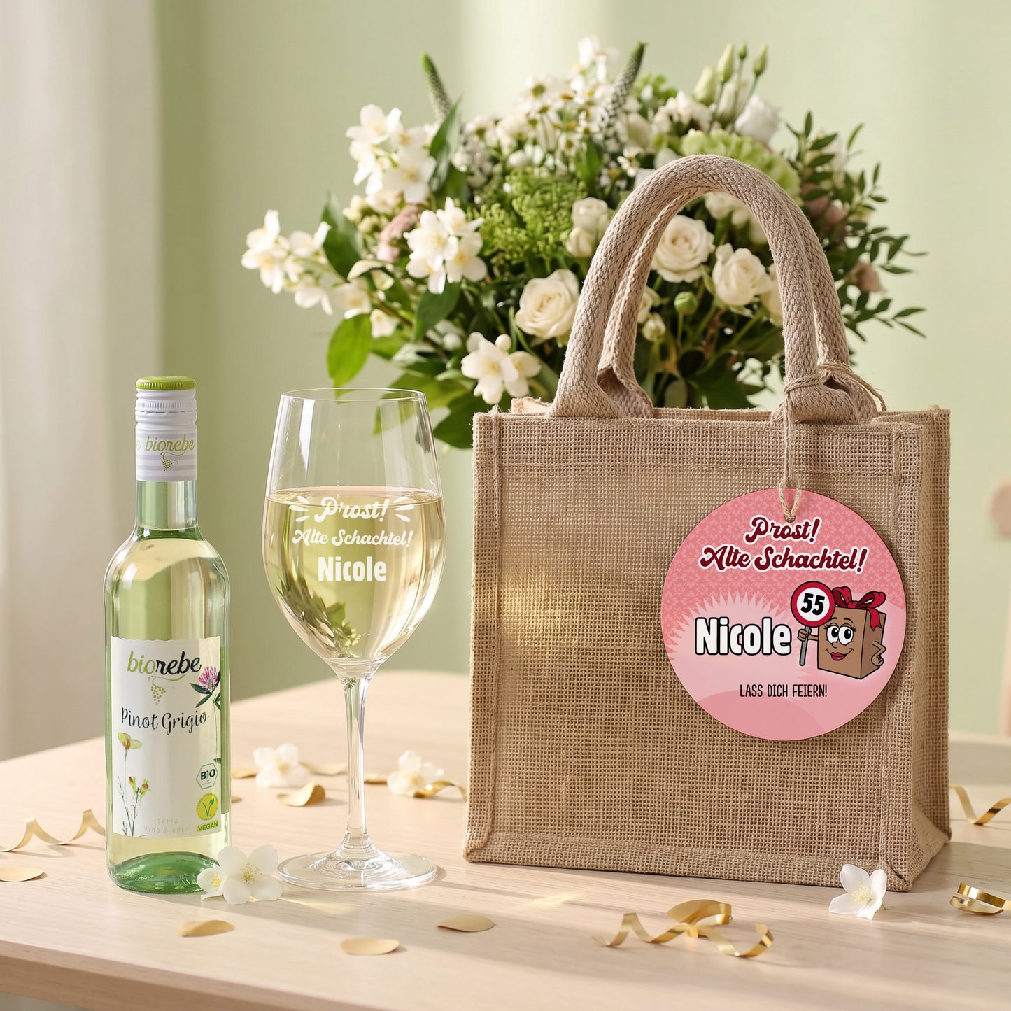Personalisiertes Weißwein Geschenkset mit Biorebe Pinot Grigio, Jutetasche und Weinglas Nicole